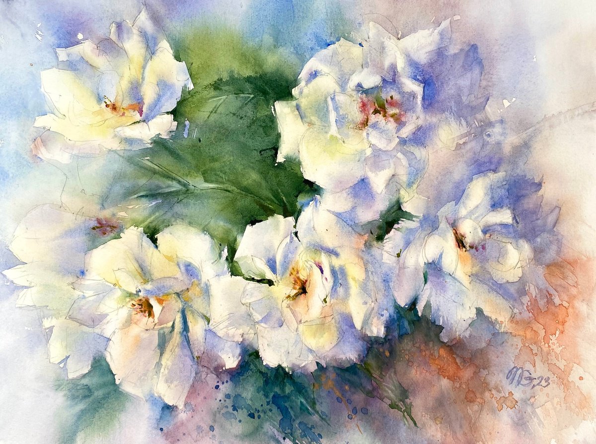 Impressionistic Botanical Watercolour By Natalia Galnbek, 16 X 12", Wild Rose Blossom, Original Artwork