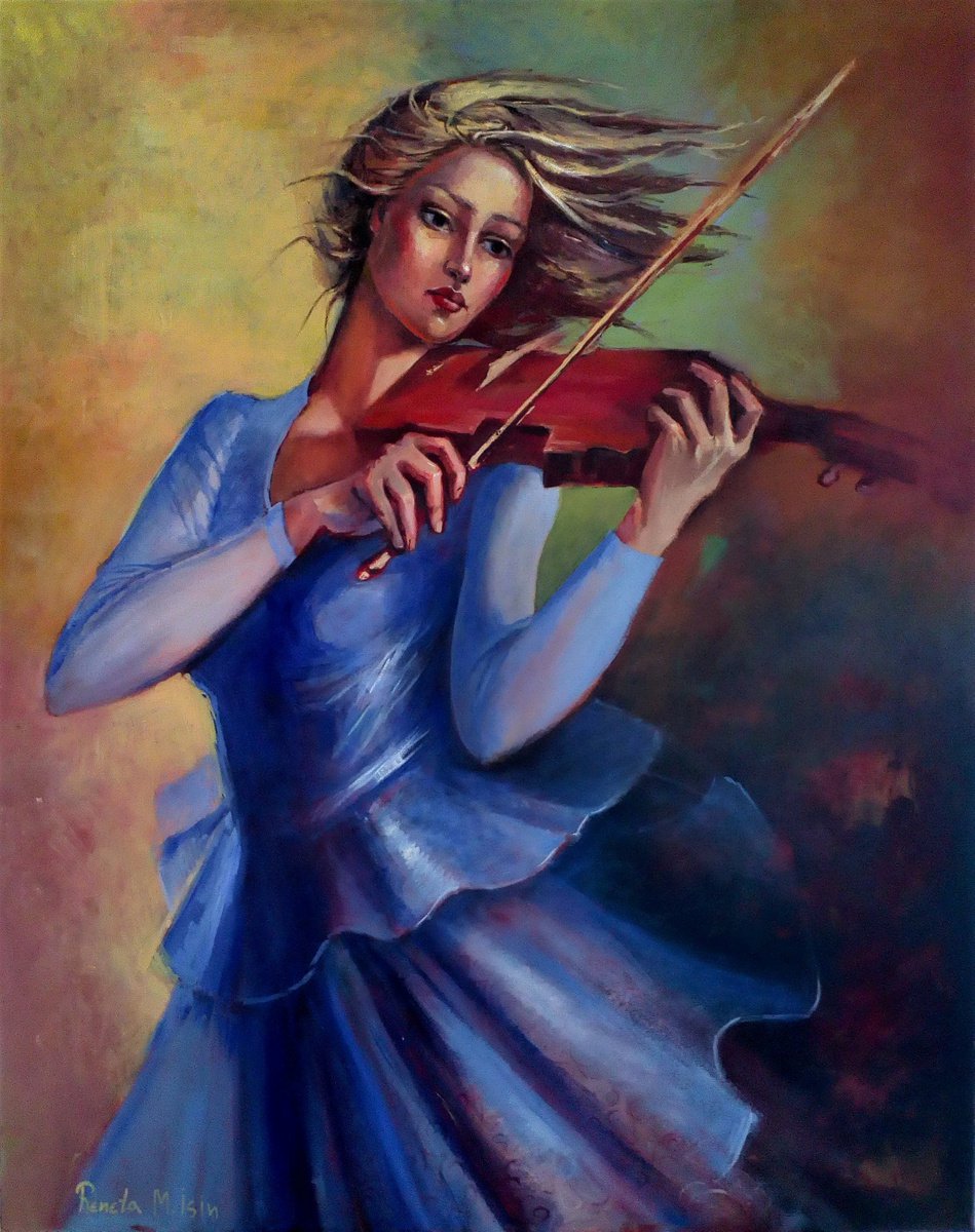 Impressionistic Portrait Oil Painting By Reneta Isin, 31 X 39", Violinist In A Blue Dress, Original Artwork