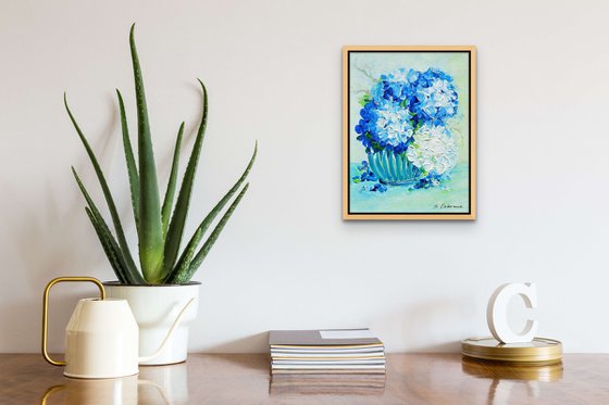 White and Blue Hydrangea Small Painting on Canvas. Impressionistic Stile Flowers Abstract Floral. Modern Impressionism Contemporary Art