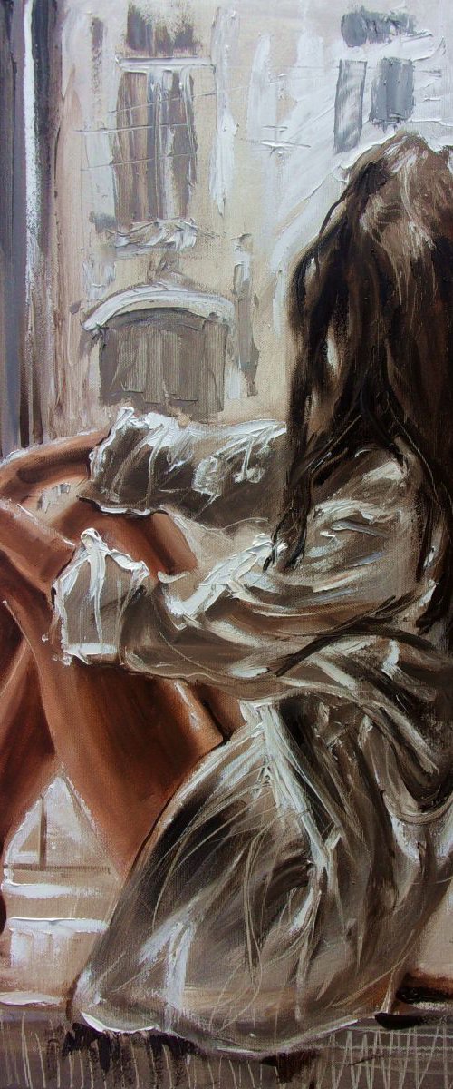 " YOUR WHITE SHIRT ... " - 50x70cm original oil painting on canvas, gift, palette kniffe by Monika Luniak
