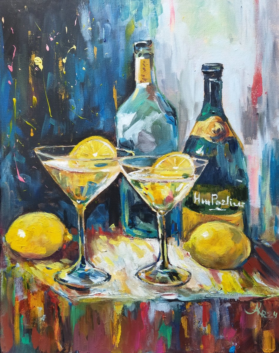 Expressive Still Life Acrylic Painting By Ann Krasikova, 16 X 20, Martini Still Life, Original Artwork