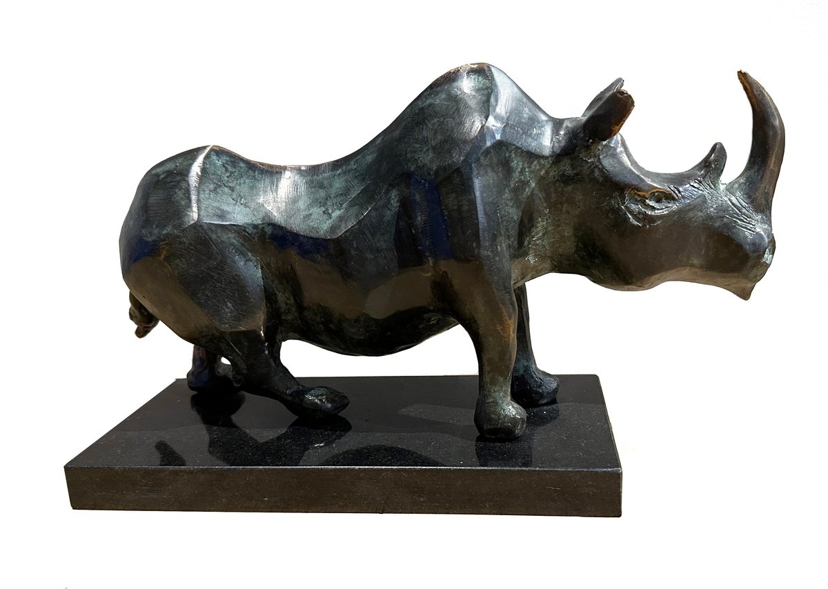 Expressive Animal Sculpture By Toth Kristof, 14 X 4", Rhino, Original Artwork