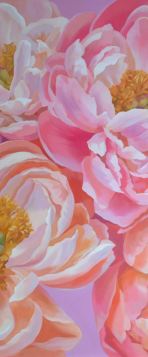 Pink Peonies large bloom 100x100 cm oil painting Peony flower Living room bedroom art by Julia Logunova