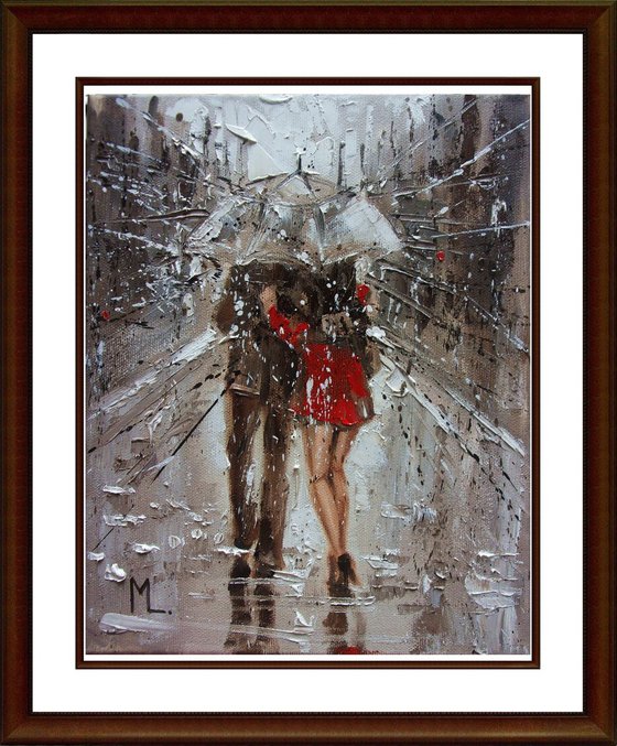 " WE IN THE RAIN ..." original painting CITY palette knife COUPLE