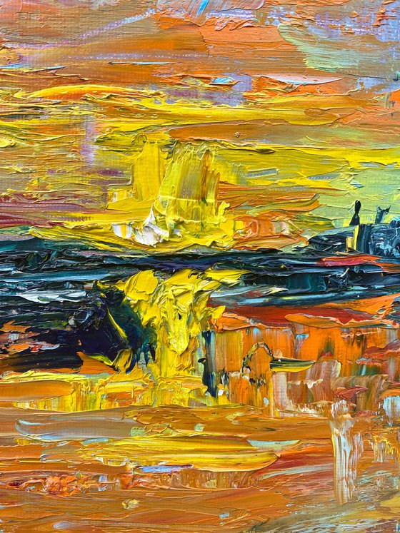 Sunset - Big city never sleeps, 70*80cm, impressionistic landscape oil painting in orange and turquoise