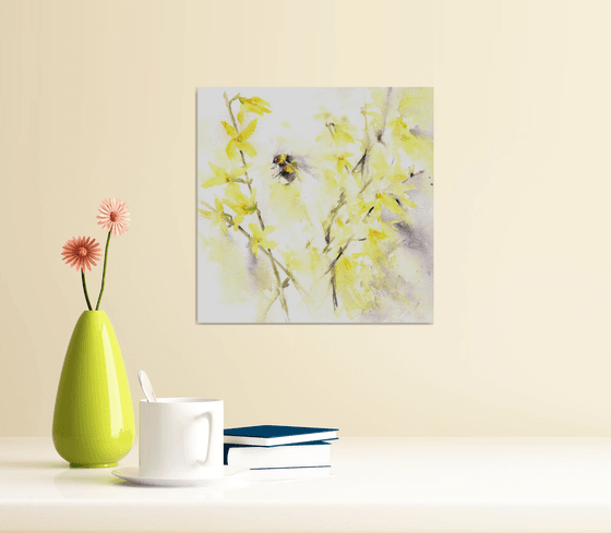 Bumblebee amongst forsythia, Original Watercolour painting