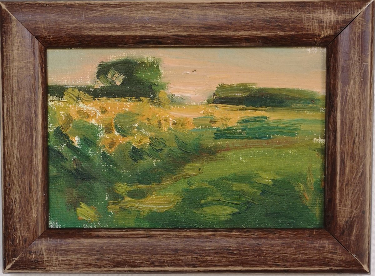 Impressionistic Landscape Oil Painting By Olga Samar, 7 X 5", Sunflower Field. Evening., Original Artwork