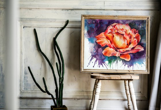 Emotional rose - original watercolor flower and splashes