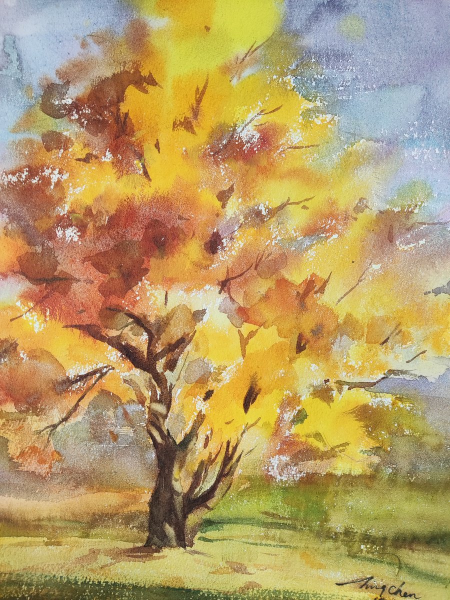 Impressionistic Landscape Watercolour By Jing Chen, 11 X 15, Warm Autumn 2, Original Artwork