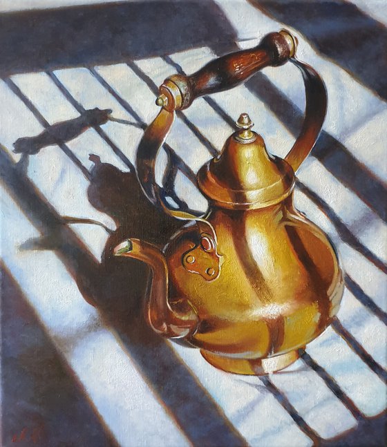 "Another old friend. " still life  old teapot  liGHt original painting  GIFT (2021)