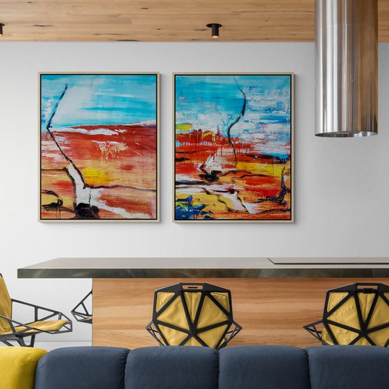 Distantes N-1, N-2 (XXXL) - ABSTRACT EXPRESSIONIST Landscape Diptych (H)120x(W)192 cm.