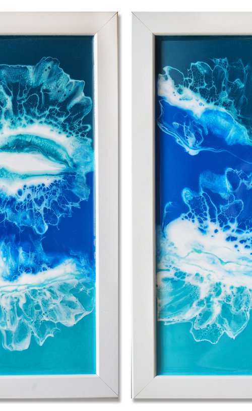 Diptych "My ocean" - set of 2 original seascape 3d artwork, framed, ready to hang by Delnara El