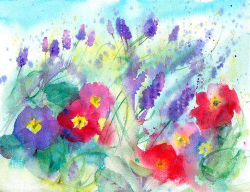 Spring Floral Landscape, Primroses and Grape Hyacinth, Spring Flowers, Floral Wall Art, Loose Watercolour painting by Anjana Cawdell