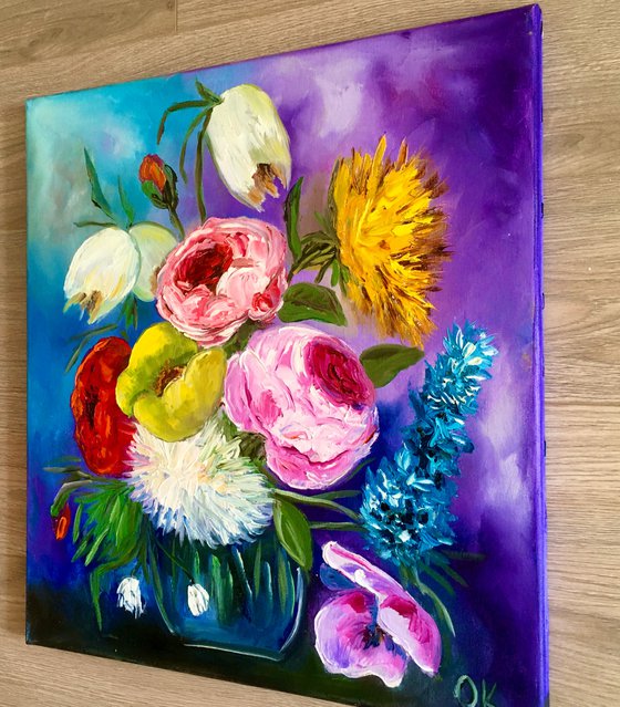 BOUQUET OF SUMMER FLOWERS    palette knife modern Still life Dutch style office home decor gift