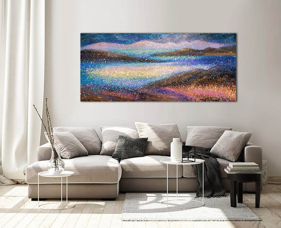 Abstract landscape painting Lake and Mountains Lake of sun