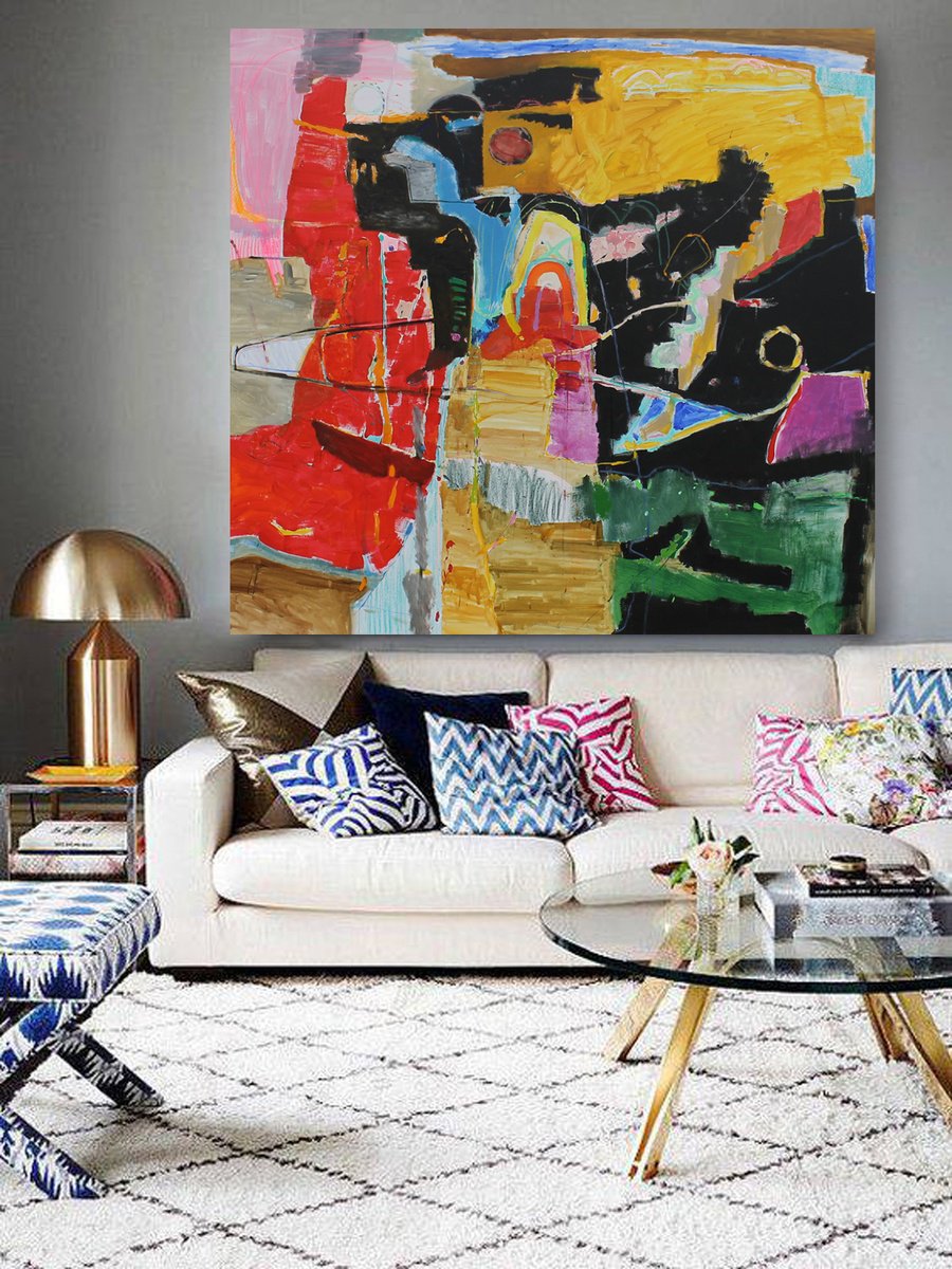 Abstract Acrylic Painting By Sergiy Dekalyuk, 81 X 76", A Dog, A Fireplace And A Christmas Sweater, Original Artwork