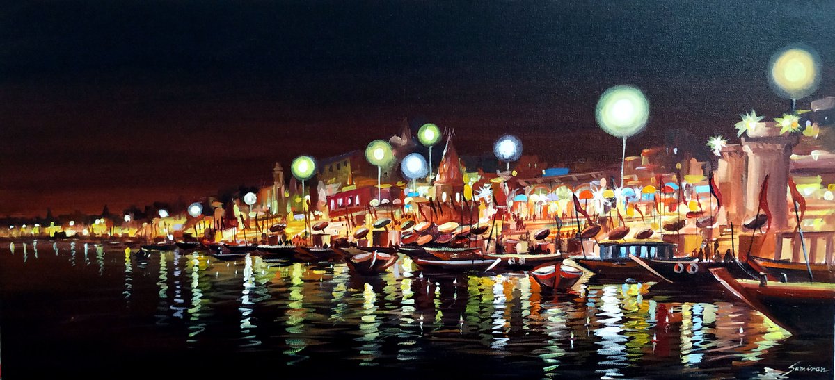 Impressionistic Cityscapes Acrylic Painting By Samiran Sarkar, 33 X 15", Beauty Of Night Reflections Varanasi Ii, Artfinder