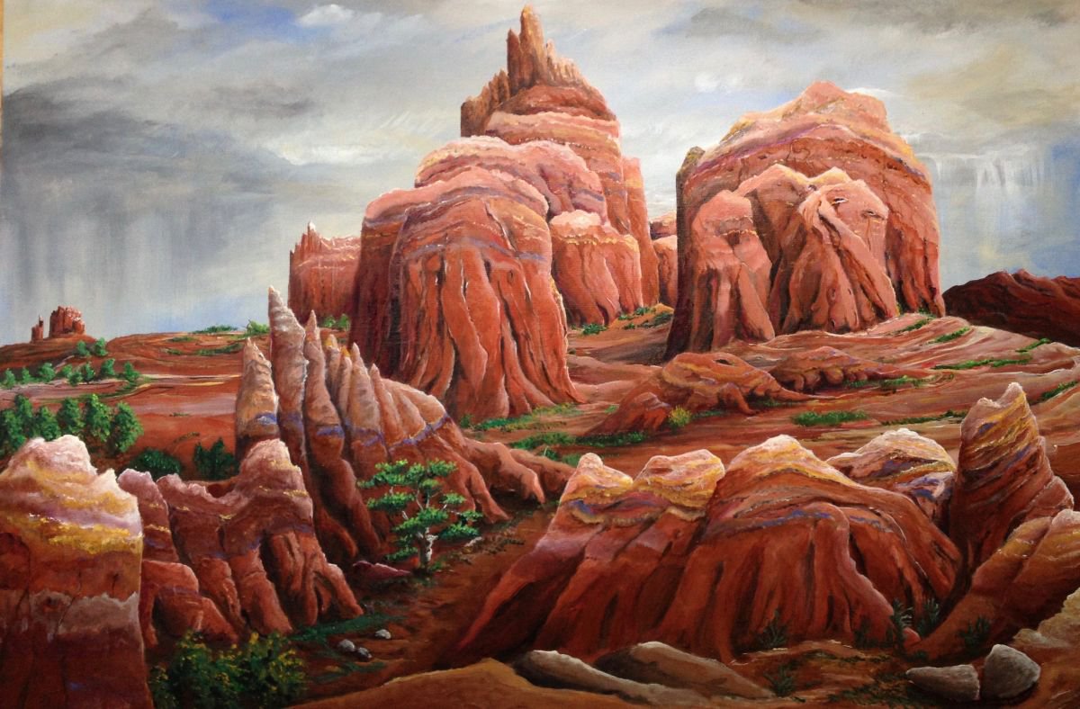Photorealistic Landscape Acrylic Painting By Donna Daniels, 36 X 24, Remembering Rain In Sedona, Original Artwork