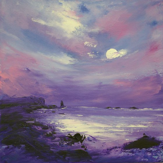 Purple Moonlit Seastack, seascape painting