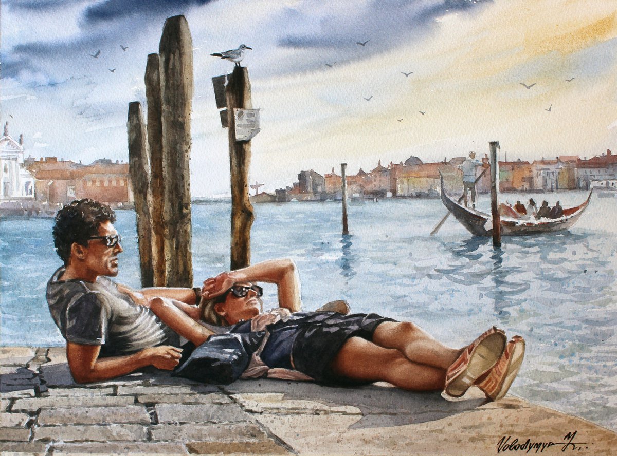 Landscape Watercolour By Volodymyr Melnychuk, 15 X 11", Rest By The Water, Original Artwork