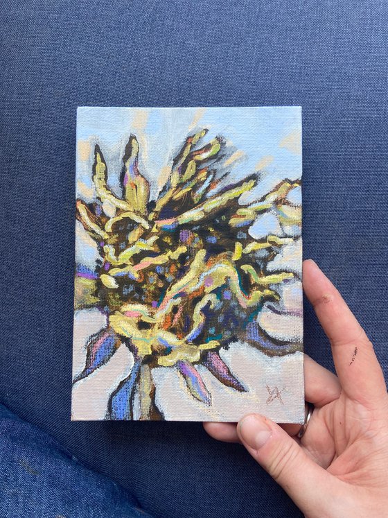 SOME FLOWER- small miniature mixed media sunflower painting