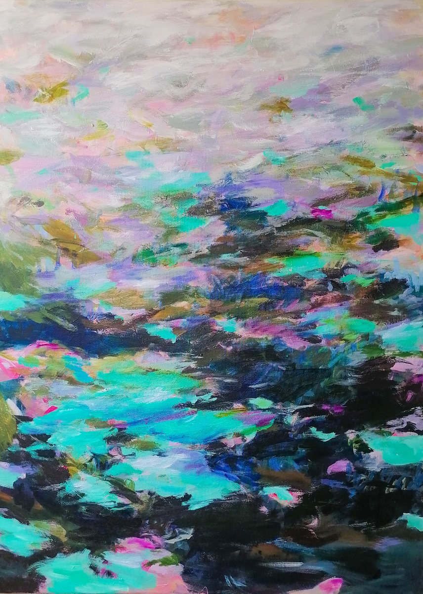 Organic Abstract Painting By Zuzana Petrakova, 31 X 43", Water Lilies, Original Artwork