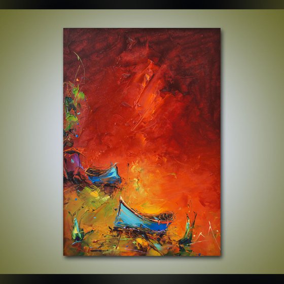 Red coast, Modern Landscape Painting on board With frame, Free shipping