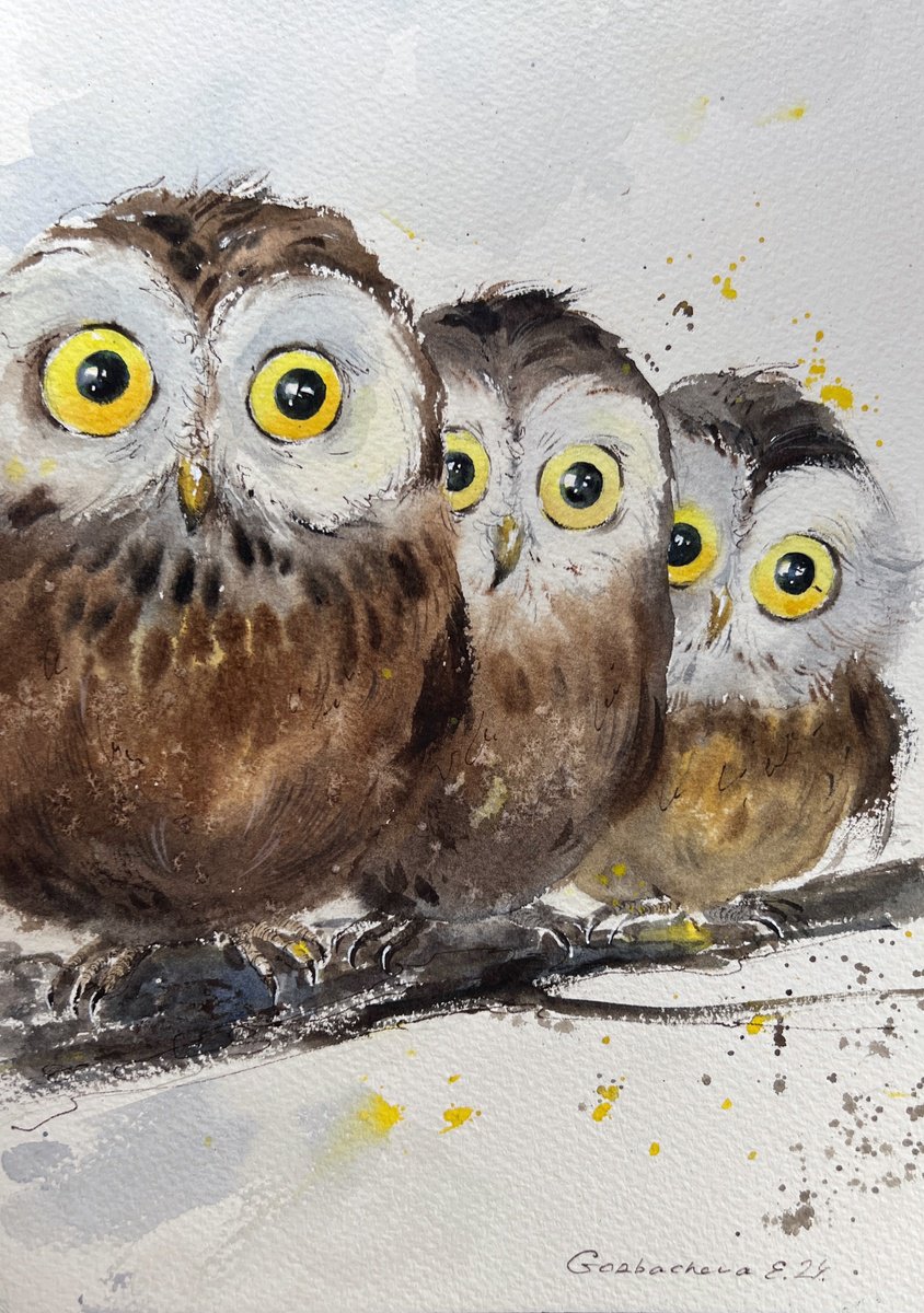 Impressionistic Animal Watercolour By Eugenia Gorbacheva, 7 X 10, Mom Dad And Baby, Original Artwork