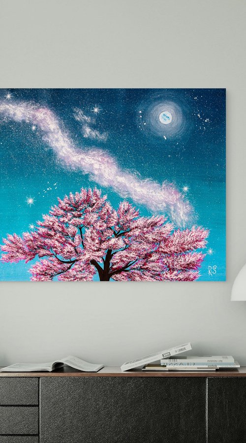 Pink sakura blossoms at night by Rimma Savina