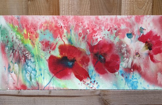 Poppy painting, Original watercolour painting, Floral Wall Art, panoramic, contemporary