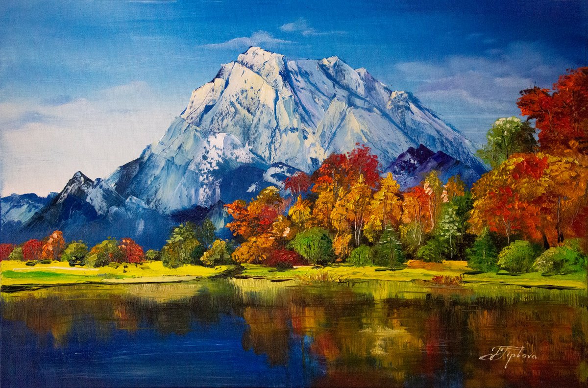 Impressionistic Landscape Oil Painting By Tetiana Tiplova, 24 X 16", Mountains In The Autumn, Original Artwork