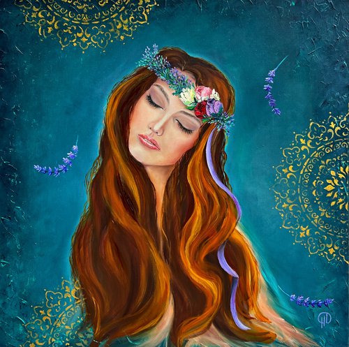Whispering lavender, painting of a girl, girl's back, girl with long hair,  metaphorical painting, painting about personal boundaries, lavender whisper, lavender, mandala, potpourri painting by Natalie Demina