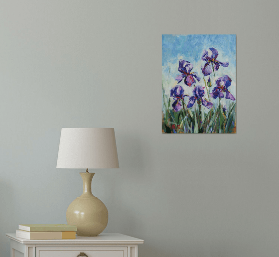 Irisis. Study. Original oil painting. Small flowers purple landscape impressionism etude colors green decor interior