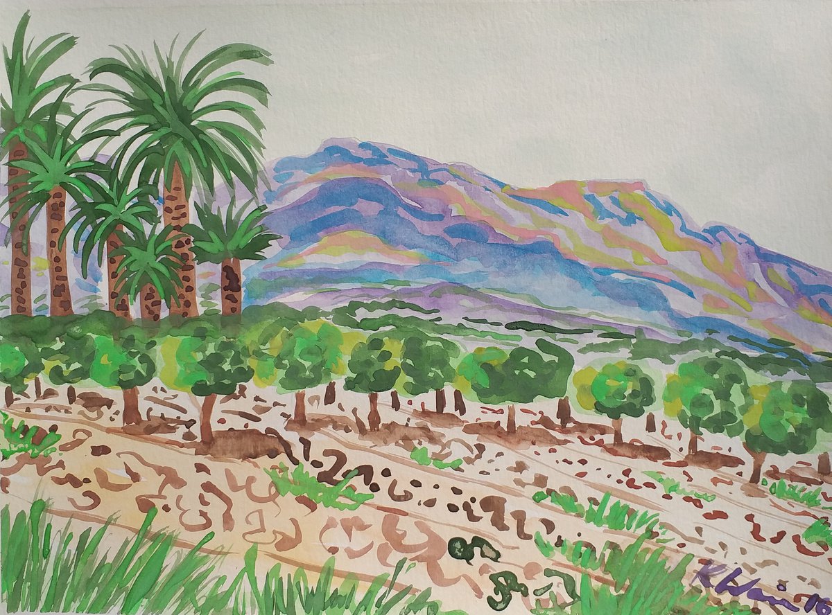 Palms and Orange trees near Sierra Bernia. by Kirsty Wain