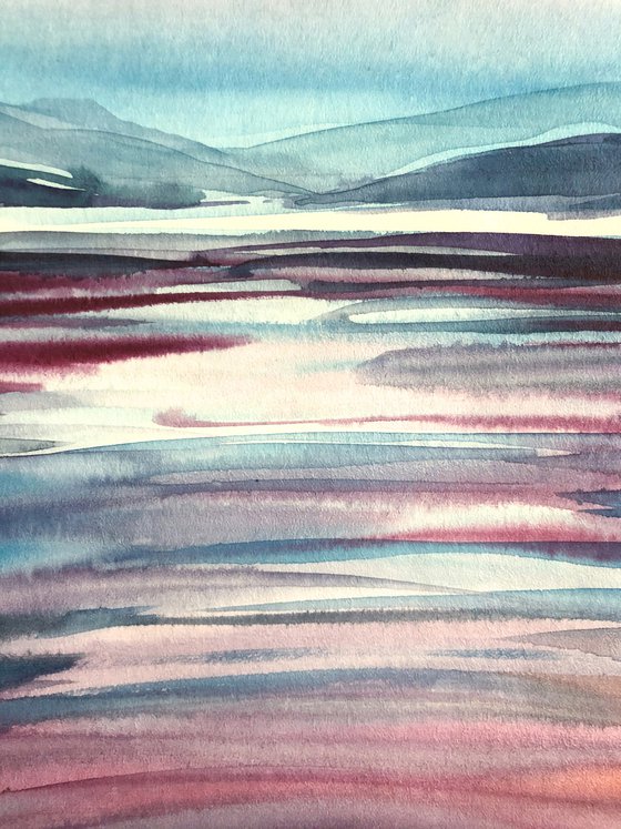 PURPLE SUNSET ON WATER, Original Impressionist Vertical Landscape Watercolor Painting