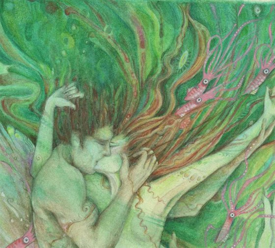 The Mermaid and the Sailor painting of mermaid lovers in watercolor