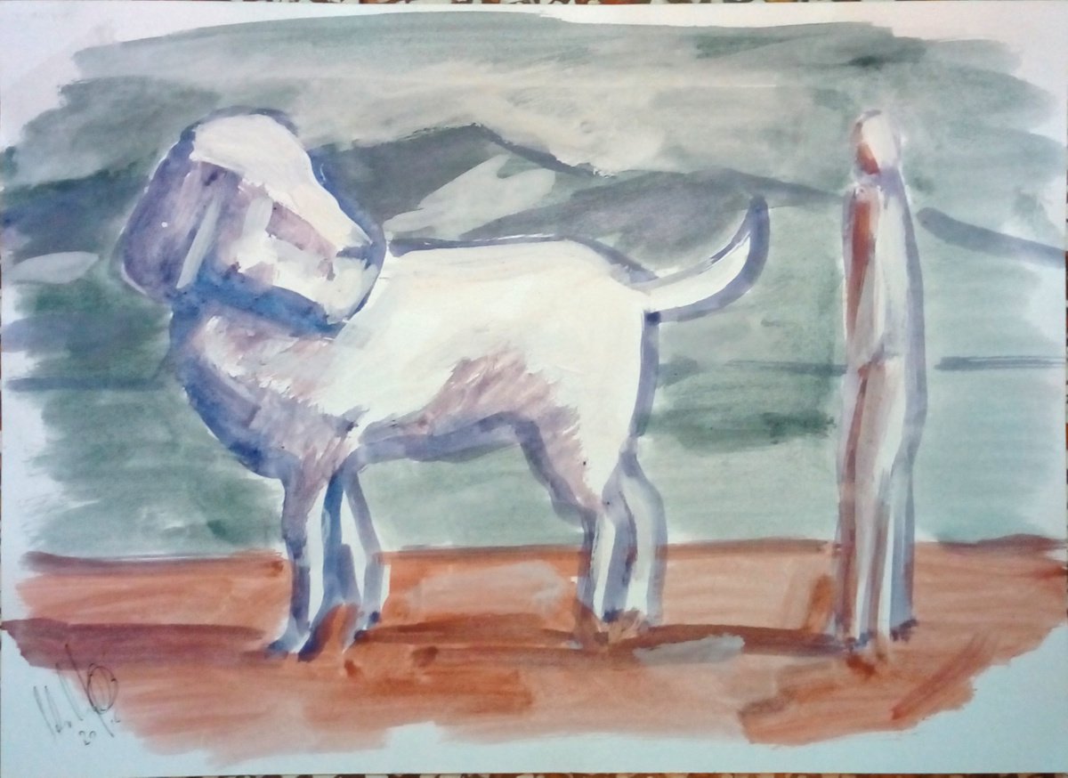 Surrealistic Animal Drawing By Paolo Beneforti, 12 X 8", A Man And His (Giant) Dog, Original Artwork