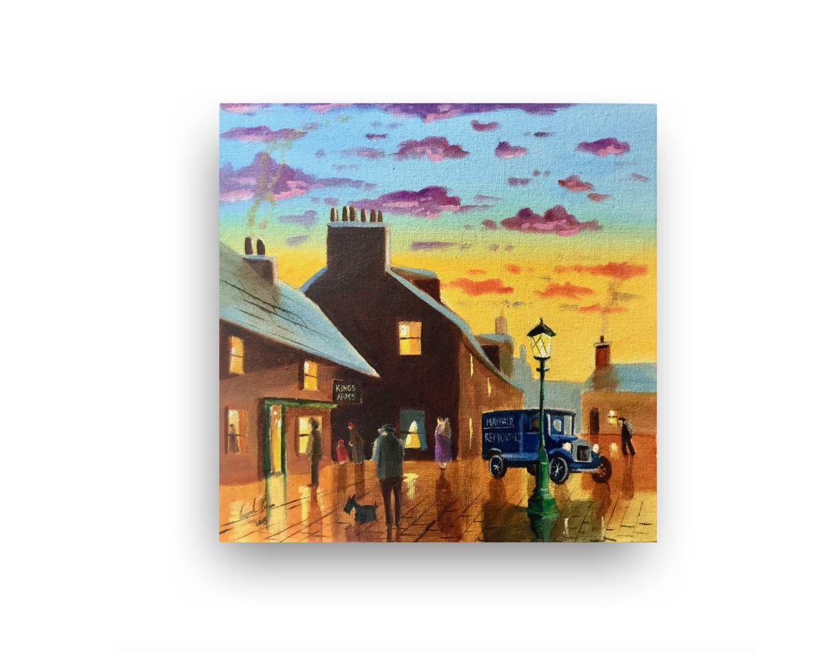Nostalgic street scene painting The Kings Arms pub by Gordon Bruce