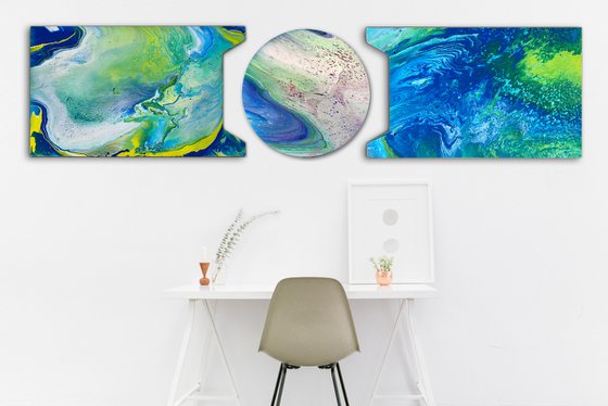 "Follow Me Into The Wormhole" - Original Triptych, Abstract PMS Acrylic Paintings Series on Irregularly Shaped Wooden Panels - 78" x 18"