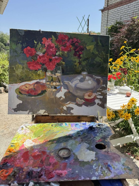 Summer Roses and White Teapot