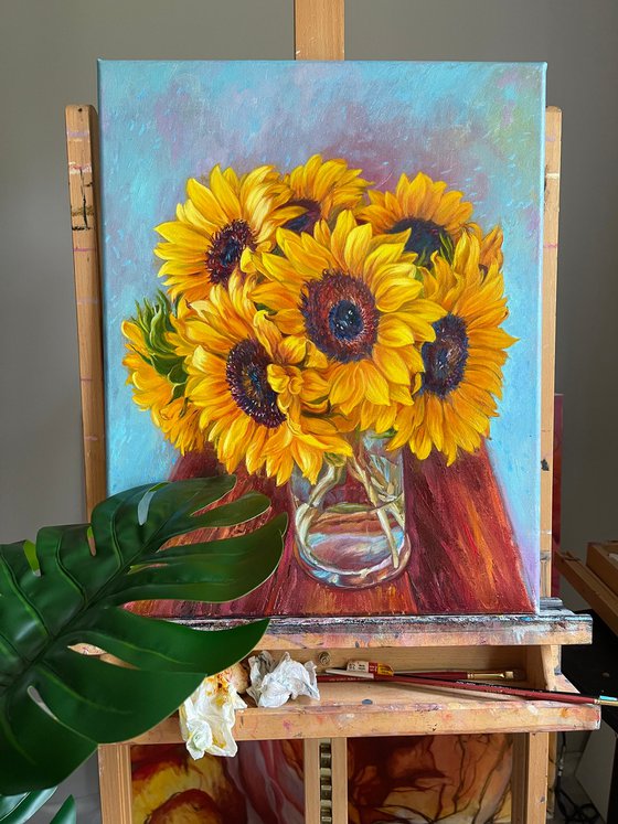Sunflowers on a turquoise background