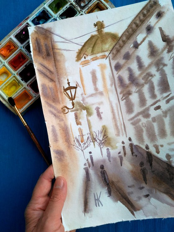 Lviv Painting Cityscape Original Art Ukraine Small Watercolor Artwork 8 by 12 inches