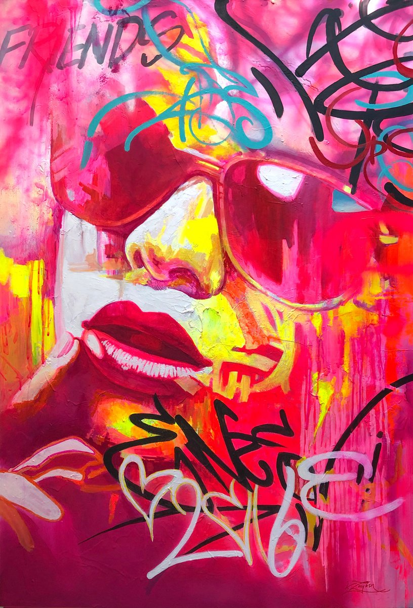 Urban And Pop Portrait Acrylic Painting By Viacheslav Zaykin, 39 X 59", Pink Light.|Pop Art Portrait With Glasses, Artfinder