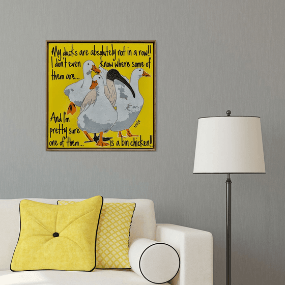 Ducks in a Row Yellow Bin Chicken Framed