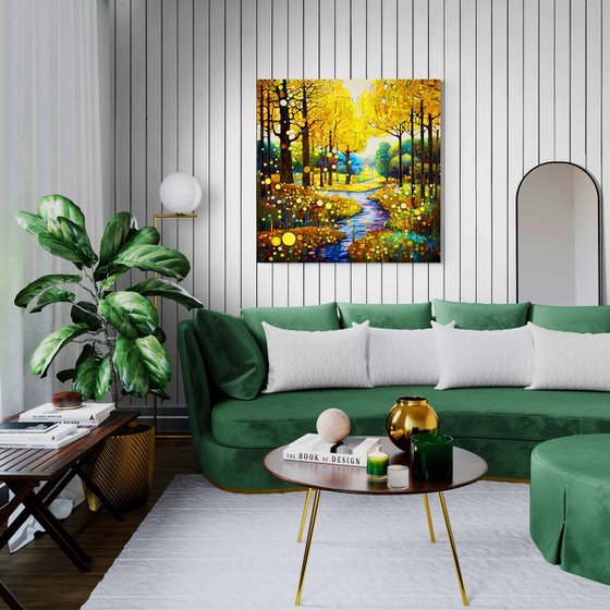 Warm green gold forest and calm river with light reflections and bright sunbeams in Klimt style. Hanging large positive relax colorful wall art for home decor