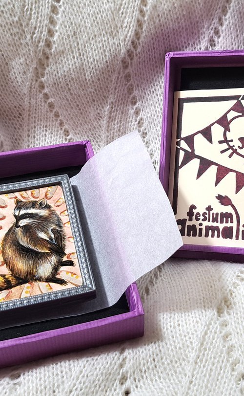 Racoon, part of framed animal miniature series "festum animalium" by Andromachi Giannopoulou