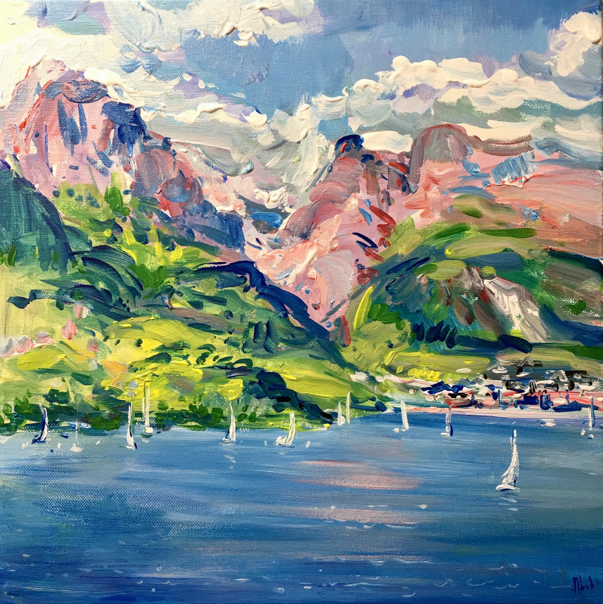 Impressionistic Landscape Acrylic Painting By Altin Furxhi, 16 X 16, Molveno Lake., Original Artwork