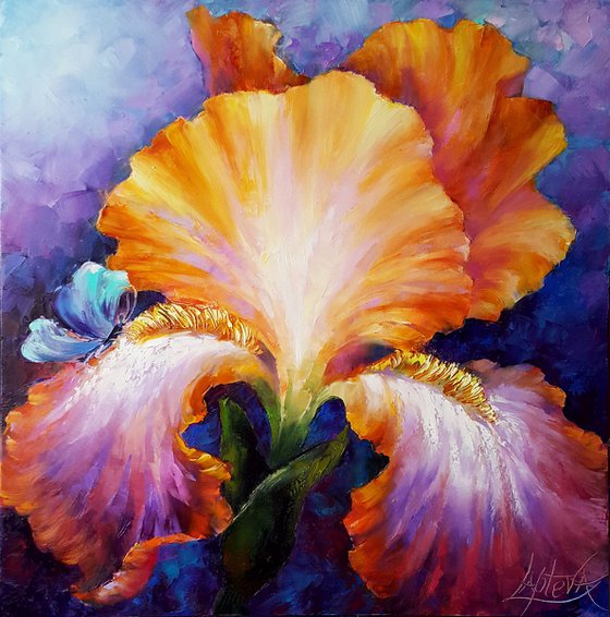 Oil flowers Painting " Delicate Iris " , impasto original art 52x52cm