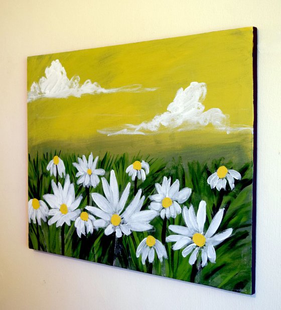 original painting on canvas hand made flowers english countryside abstract landscape butterfly daisy floral flower artwork painting art canvas - 16 x 20 inches canva