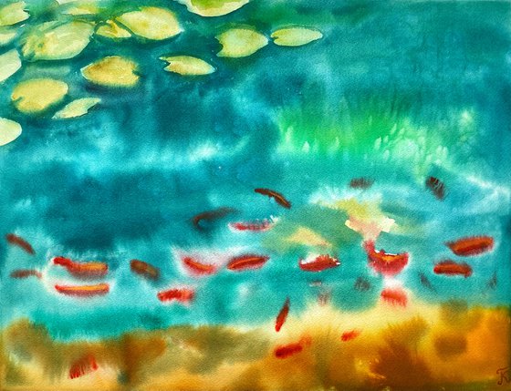 Fishes Pond Watercolour Painting, Abstract Landscape Original Art, Green Wall Art